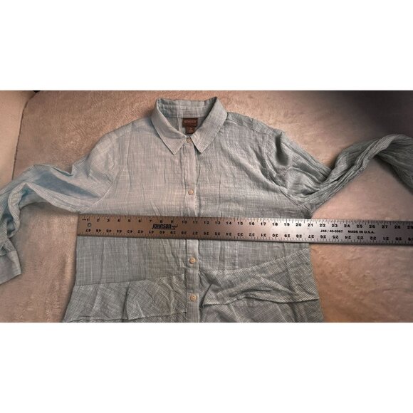 Chico's Blue Striped Button-Up Ruffle Tunic Top Shirt Size 2 Cotton Long Sleeve - Picture 8 of 9